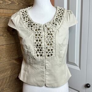 Anthropologie Idra Nailhead Studded Jacket Cream Round Neck Cap Sleeve Size 4